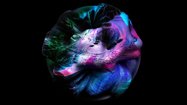 3d render of abstract art video animation glass ball with organic bacteria shape inside in deformation transformation process in black red green purple and blue colors on black background