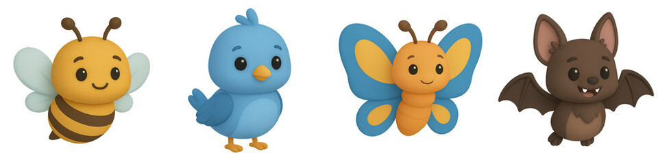 Adorable 3D bee, bird, butterfly, and bat with colorful cartoon style and friendly expressions, perfect for kids&rsquo; projects and playful designs.