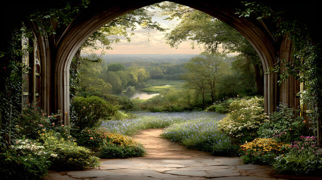 Stone archway view of a garden path leading to a landscape.