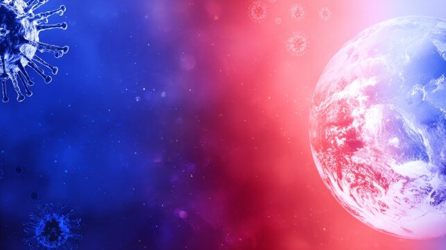 Earth with white globe surrounded by COVID-19 coronavirus, pinkish-red affected areas on continents, blue and red background, detailed Godot engine floating in space symbolizing pandemic impact.