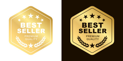Best seller sticker label, gold badge Hexagon shape and text minimal luxury with stars and laurel wreath icon, Premium Quality, for use to book cover label, shopping website or your product the Best