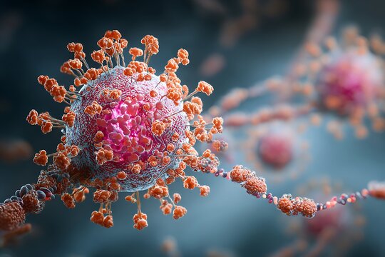 Adenovirus particle binding to CAR receptor on the surface of a human cell membrane.