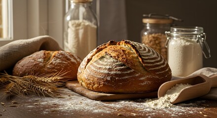 Freshly baked artisan sourdough boule with a golden scored crust and spiral flour dusting on a wooden board.