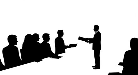 Dynamic business meeting scene with presenter sharing documents and audience listening attentively creating a collaborative professional atmosphere for corporate success