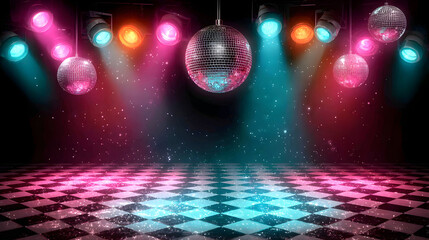 Multiple disco balls hanging from ceiling with colorful stage lighting and checkered dance floor.