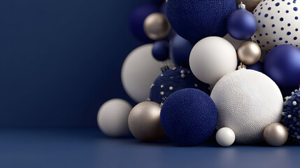 Close-up of various sized decorative spheres in navy blue, off-white, and gold against a navy blue background.