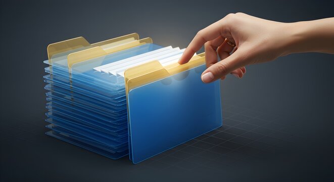 Hand Selecting a Transparent Blue and Gold File Folder from Stack.