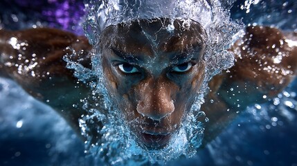 Fototapeta premium A swimmer diving into a pool during a competition, with water splashing and light reflecting on the surface. The swimmer is in focus, with tense muscles. 