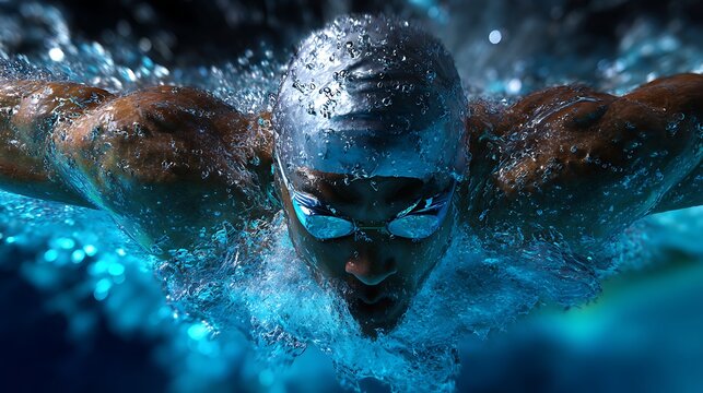 A swimmer diving into a pool during a competition, with water splashing and light reflecting on the surface. The swimmer is in focus, with tense muscles. 
