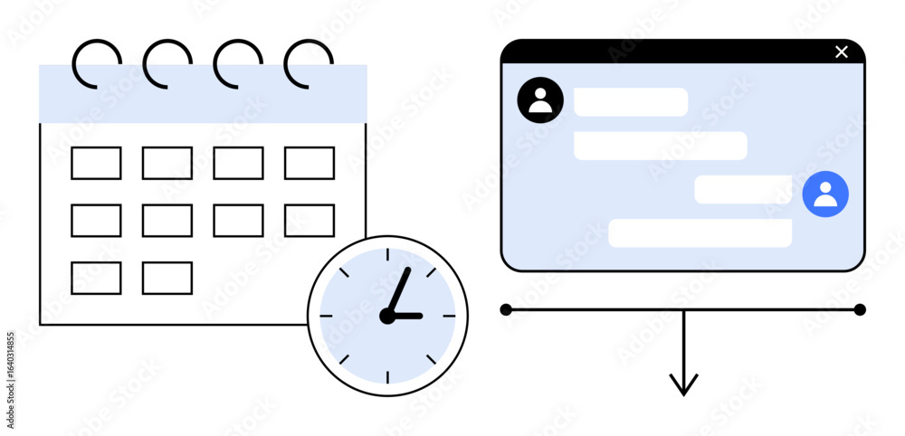 Poster calendar grid with a clock beside it signifies planning, time management. linked chat window hints a