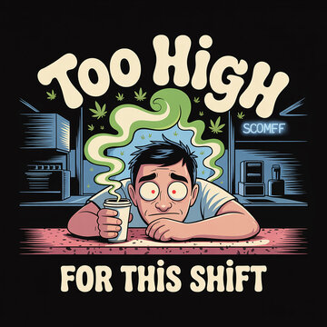 Naklejki Cartoon man with red eyes and smoke from head holding coffee cup with text Too High For This Shift tired