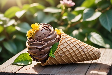 A delectable chocolate ice cream cone adorned with yellow flowers and fresh mint, sunny, outdoors.