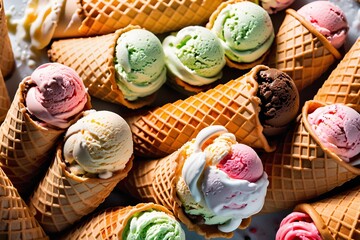 An array of ice cream cones in pastel shades creates a tempting, sweet dessert arrangement.