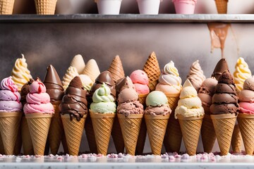 A delightful array of varied flavored ice cream cones presented in a tempting, colorful display.