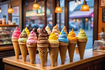 Colorful assortment of ice cream cones lined up on a wooden counter at a shop front view