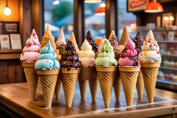 Assorted ice cream cones presented on wooden table display with a blurred background scene indoors.