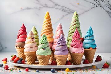 An assortment of colorful ice cream cones stand together on a white plate against marble.