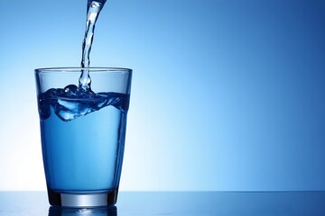 Water is poured into a clear glass, a refreshing drink on a cool blue background creating calmness.