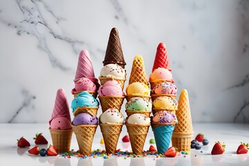Stacked ice cream cones with colorful flavors create a whimsical dessert tower on a marble surface.