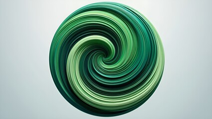 Abstract swirling sphere in shades of green, a dynamic, fluid shape on a bright background.