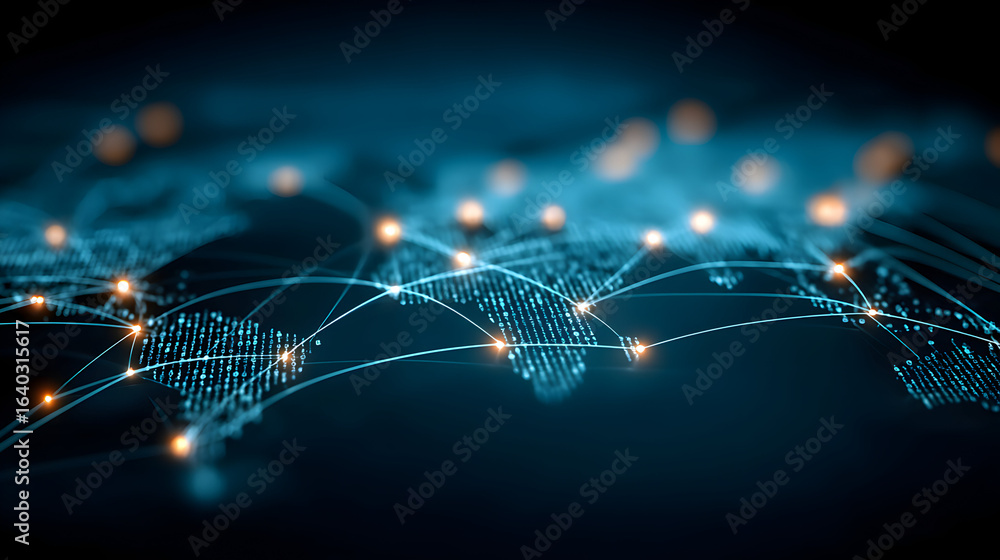 Aufkleber abstract image of a network connection, glowing nodes and lines on a dark blue background.