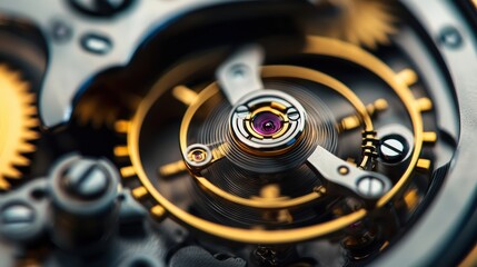 A close-up shot of a mechanical watch movement, showcasing intricate gears, springs, and a central balance wheel with a vibrant purple jewel.