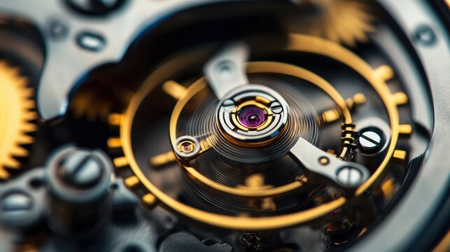 A close-up shot of a mechanical watch movement, showcasing intricate gears, springs, and a central balance wheel with a vibrant purple jewel.