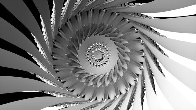 3d video loop animation abstract black and white art of surreal turbine engine or blossom symmetry alien flower with blades in white plastic in spiral pattern with a hole in the centre on black