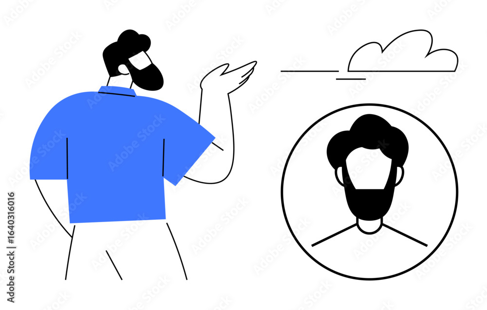 Poster man gesturing towards a circular avatar with a cloud above, symbolizing identity, networking, profil
