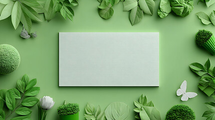 Blank white card surrounded by green leaves and decorative elements on a green background.