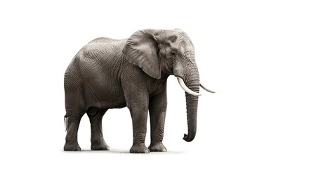 Obraz premium A large African elephant with prominent ivory tusks stands in profile, isolated on a clean white background.