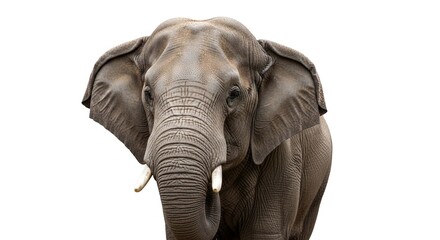 Fototapeta premium A majestic Asian elephant with small tusks looking directly at the camera, isolated on a plain white background.