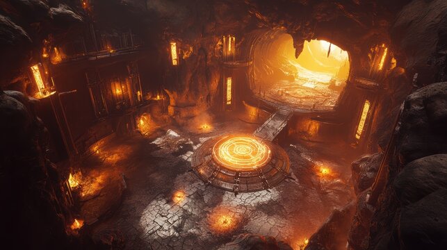 A dark, cavernous interior featuring glowing elements, illuminated by orange light, with a circular platform at the center and rugged stone walls. - Powered by Adobe