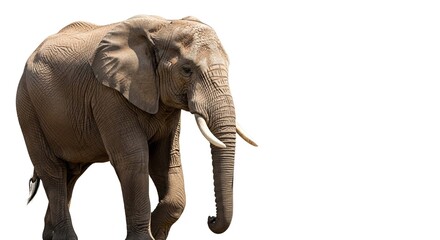 Fototapeta premium A large African elephant with ivory tusks walking forward, isolated against a plain white background.