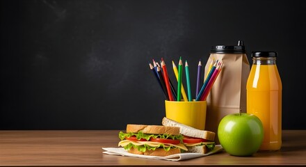 A sandwich, pencils, and a bottle of orange juice on a wooden table against a dark chalkboard background. back to school