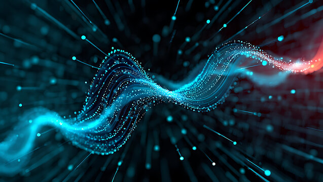 Abstract glowing blue and red wave of light particles flowing through a dark digital network with radiating light beams