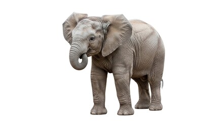 Fototapeta premium A young gray elephant standing with its trunk curled, isolated on a pure white background.