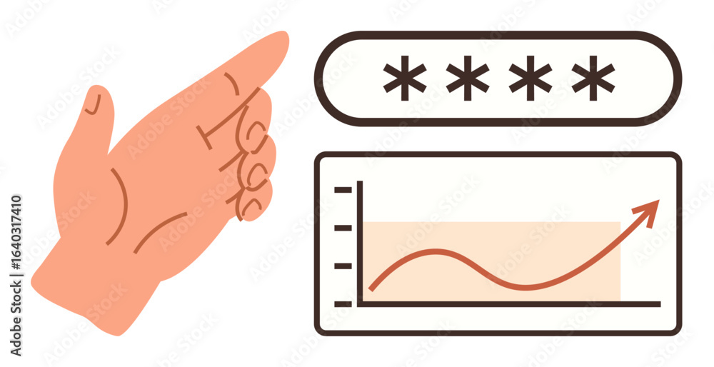 Aufkleber hand pointing gesture, password field with asterisks, and upward graph line. ideal for security, gro