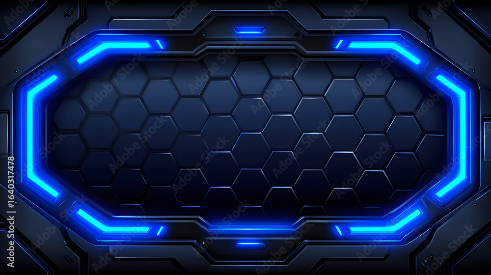 Poster abstract background image featuring a dark hexagon pattern framed by a glowing blue border.