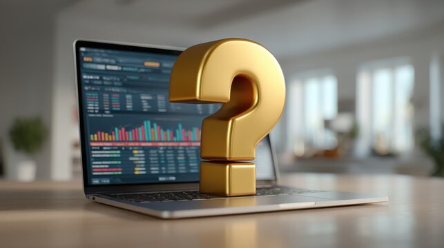 A golden question mark sits on a laptop, symbolizing inquiry and analysis in a modern workspace filled with data and graphs.