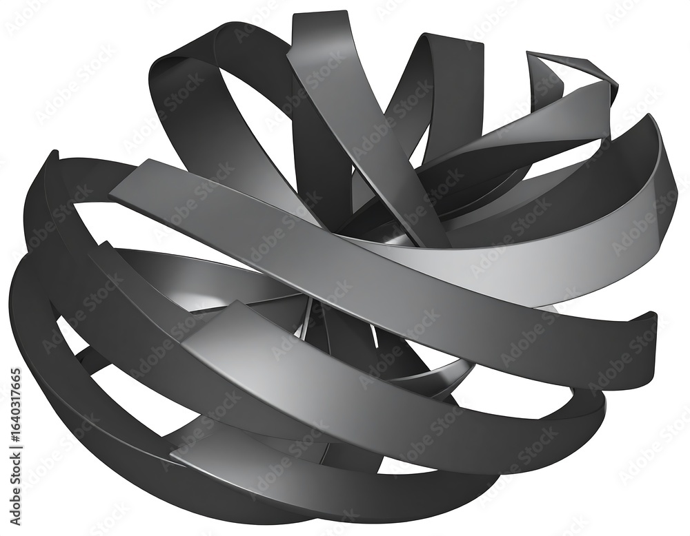 Poster abstract metallic swirl design, three dimensional ribbon structure render