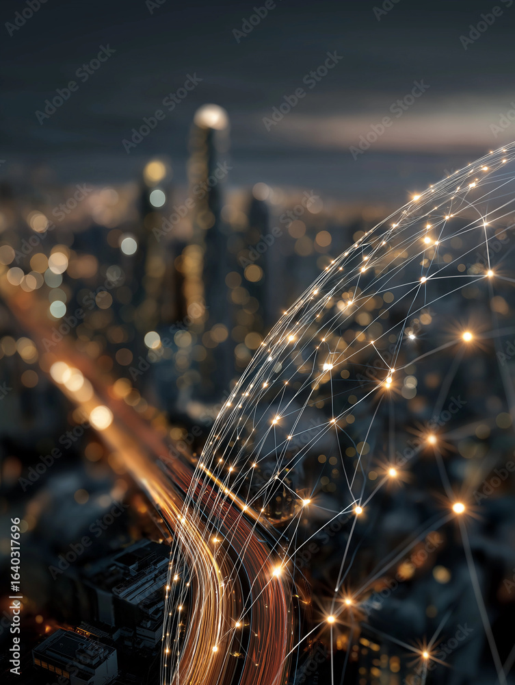 Aufkleber digital skyline: a captivating digital rendition of a modern cityscape at dusk, overlaid with an int