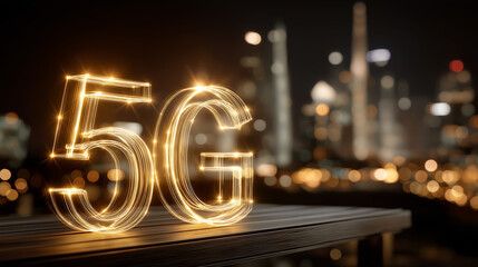 Illuminated 5G and Urban Nightscape: A glowing 5G symbol casts a warm light against a backdrop of a blurred city skyline, depicting innovation and connectivity.