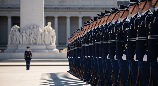 A line of soldiers in uniform standing at attention in front of a monument on a sunny day outdoors