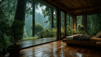 Serene Retreat: Interior view of a cozy wooden cabin or bedroom with expansive glass windows framing a vibrant green forest scene. Inside this room it's all peace and calm, letting in a tranquil vibe.