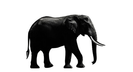 Fototapeta premium A full-length side profile of a large black elephant with white tusks, isolated on a plain white background.