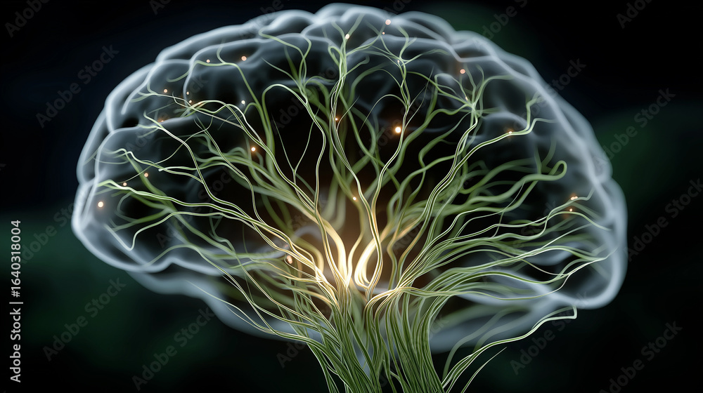 Poster brain tree: an artistic representation of the human brain and neural pathways, depicted as a tree-li