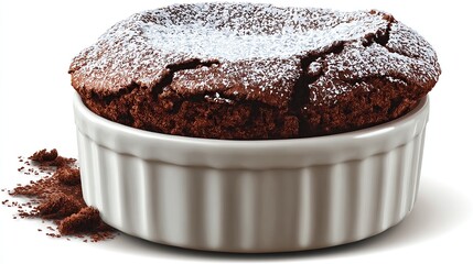 A freshly baked chocolate lava cake, still warm in its ramekin, is dusted with powdered sugar;  a scattering of cocoa powder lies beside it.  The cake's slightly 