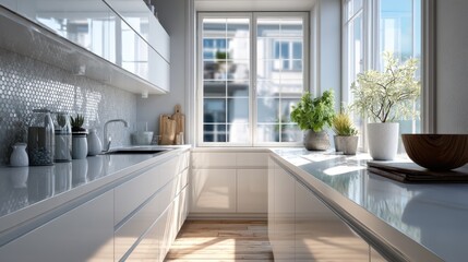 A bright, modern kitchen featuring white cabinetry, large windows, and potted plants, creating a fresh and inviting atmosphere.