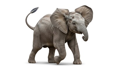 Obraz premium A young African elephant calf walking forward with its tail raised against a clean white background.